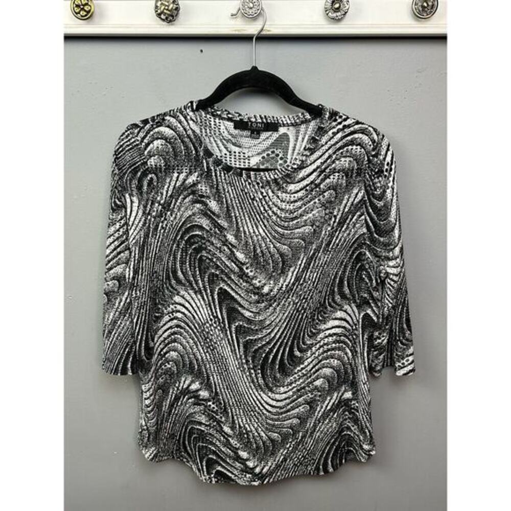 Toni Morgan Boxy Tunic Top Womens Small Abstract Black White Open Funky‎ Y2K